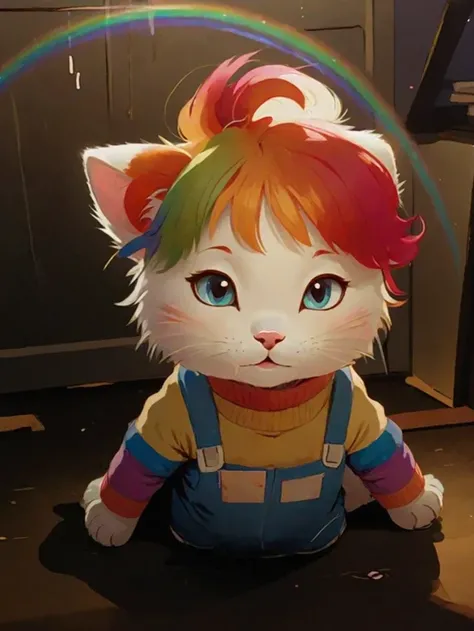 A cute anthro ragdoll cat with long rainbow hair rainbow unicorn long rainbow shirt blue overalls and red boots and red hoodie there eyes closed and a cute red heart nose