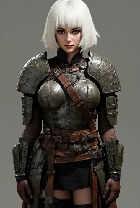  Young warrior woman with short shoulder-length white hair wearing womens combat clothing,  stiff face with a furrowed brow , Defined body with robust muscles medium breasts, wide hips slim waist . (Photo real)