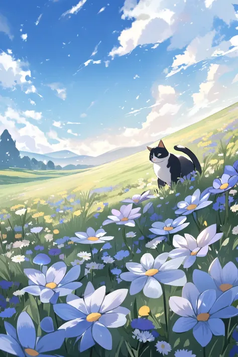 
A cat playing in a field of flowers in a peaceful landscape ,  A scene with a blue sky and soft clouds in the background