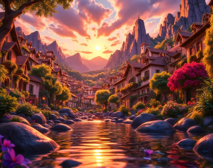 a small village by the river, mountains in the background, floral flowers colorful, detailed landscape, Beautiful natural landscapes, atmospheric lighting, scorching sunset, warm colours, practical, photopractical, Detailed Foliage, complex buildings, cobb...