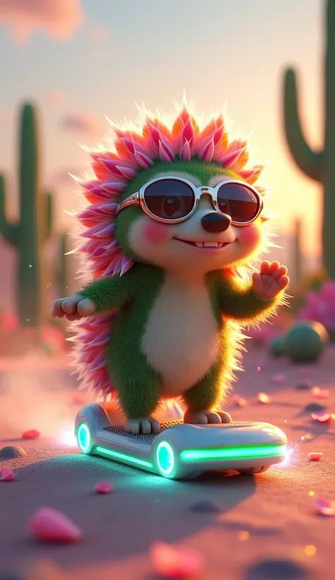 A small, adorable cactus-hedgehog hybrid cruising confidently on a futuristic, glowing hoverboard. Its cactus-like spines are covered in tiny pink and orange blooms, and it sports shiny mirrored sunglasses with a mischievous grin. The hoverboard has glowin...