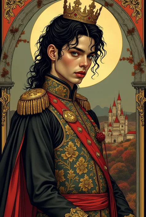 alfons mucha illustration, art nouveau, monarch painting, blood, art nouveau, castle landscape, dreamy, melancholy, evocative, Alphonse Mucha, um Michael Jackson com (cabelo preto curto), (com uma coroa na cabeça) (segurando uma caixa), with a crown on his...