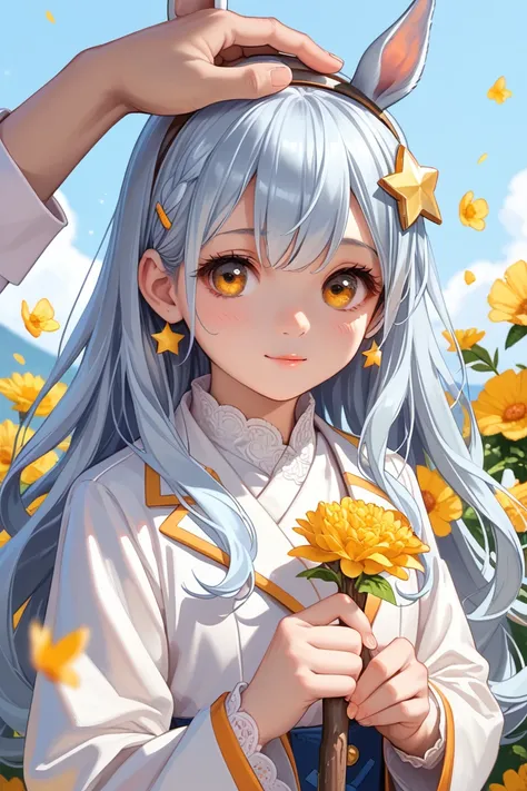 1 girl, Long hair,  with horse hair,  light blue hair ,  best quality ,  protagonist , cute, Young girl, Japanese anime picture , , stick a star-shaped hairpin on the head, cheerful,  yellow-orange eyes, bright, Two-piece, White suit, shy, Holds a flower