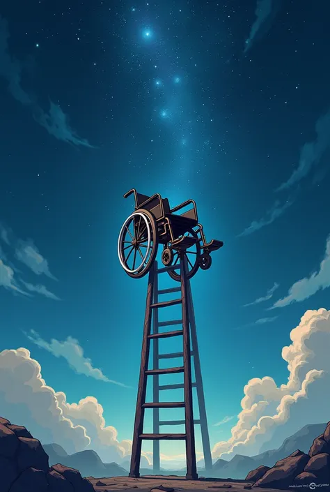  an image of a wheelchair at the top of a ladder., star background. illustrated format 