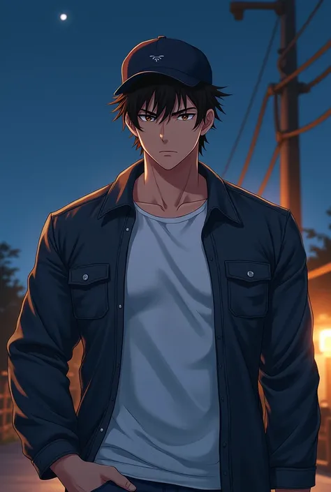 pretty anime face, but not so feminine , with dark brown hair.  muscular in a white shirt with jacket and a cap,  outside under the night . 