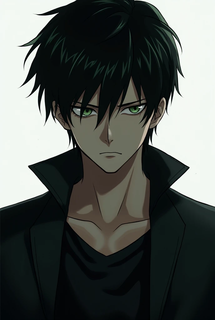 anime, man, dark short hair, black jacket, bottle green eyes