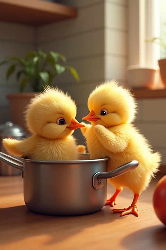 Two little chicks having fun while one is still sitting in a Seoner bowl