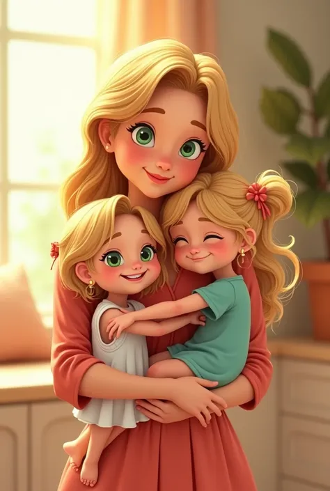 A mom with her two daughters in her hug. All of them to be cartoon. 
 The mom will be with blonde shoulder hair, slim with green eyes wearing a dress. The one daughter will be  blonde hair and green eyes. The baby girl will be 6 months old. 