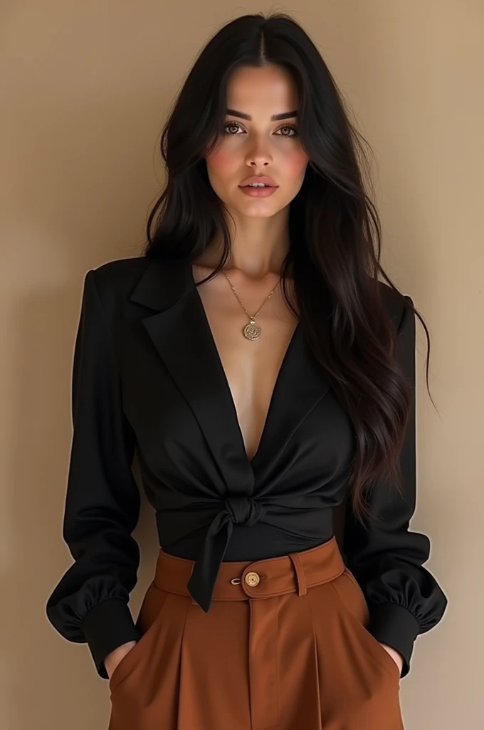 instagram model, long black hair, big , beautiful fall outfit , inside, elle est habillée avec un cache coeur croisé en laine marron et un pantalon classe marron((big ass