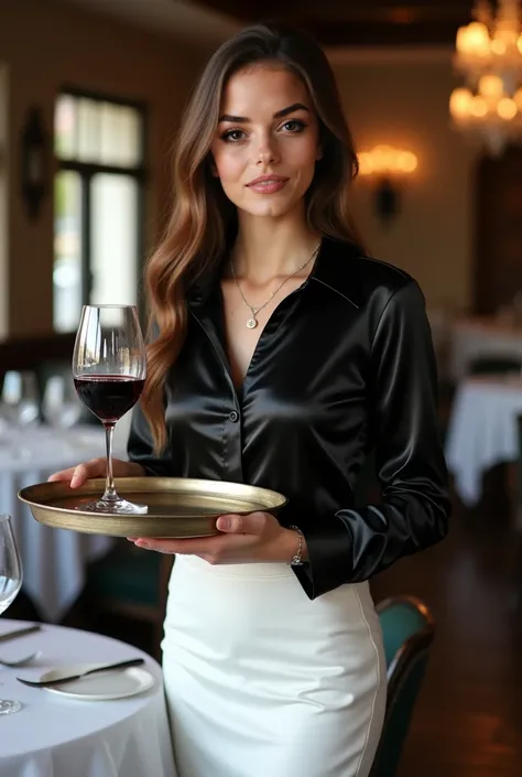 Realistic full-length portrait of a young German waitress, 20 years old, Long hair, Necklace, smile. She is in a luxury restaurant in front of a table, standing, holding a tray, with luxury wine, next to it a glass of wine, facing the camera in a shiny bla...