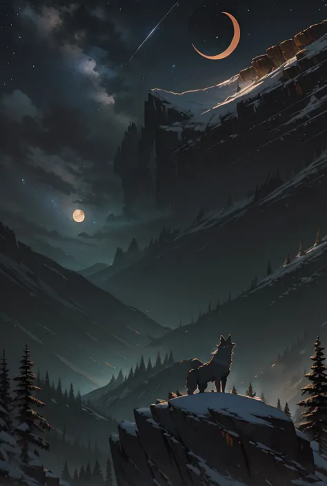 "a howling wolf silhouette on a rocky outcrop, surrounded by dense pine trees and a crescent moon in the starry night sky."