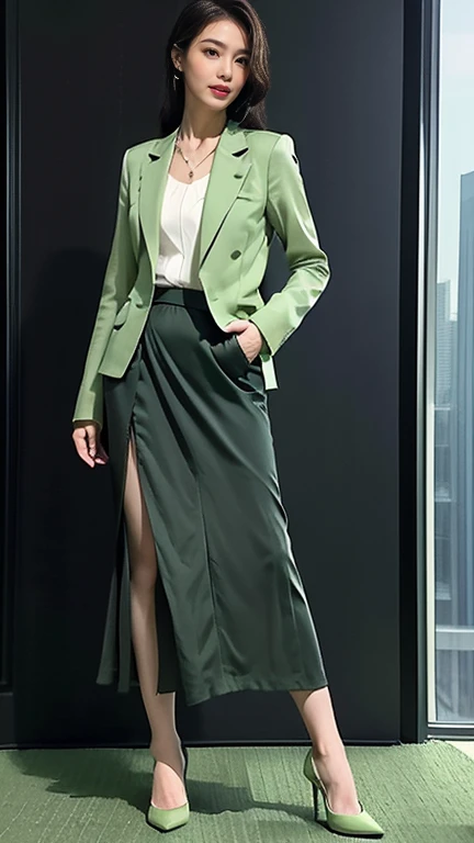 ((masterpiece)),((( best quality)))、tall and slim 、Full Body Portrait，(One Mature Woman),(black silk pantyhose and high heels),(Wear a light green blazer jacket and a light green long skirt:1.3)、 perfect anatomy、 Model Pose ，(Modern architecture in the bac...