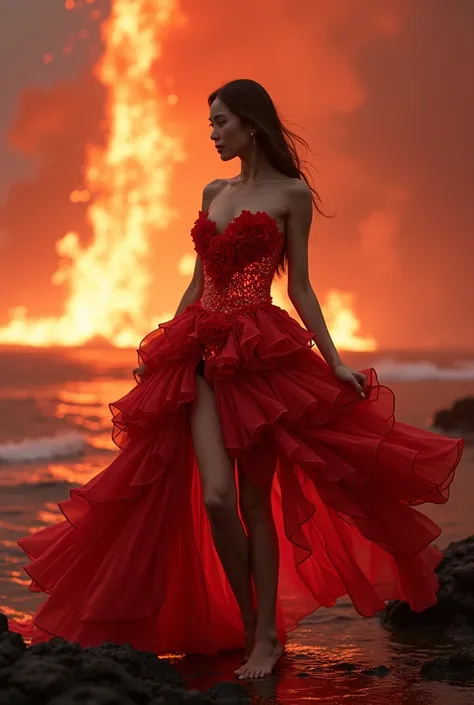 (8k, original photo, best quality,masterpiece:1.2),(actual, photorealistic:1.37), 1 girl,long legs, Full body female love,(lava:1.3),ocean,Rose-shaped black dress made of lava，volcanic eruption rock flow，infrared photography, 1.4x more realism，ultra high d...