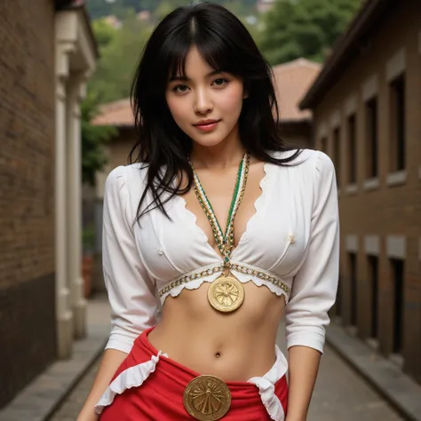 A gypsy with green eyes black hair, white blouse with gold medals and red skirt with ruffles, seashell necklaces.