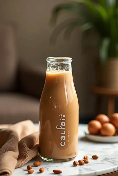 Califia Almond Mocha Cold Brew drink in the bottle on a table. Generate 6 different picture using different tables