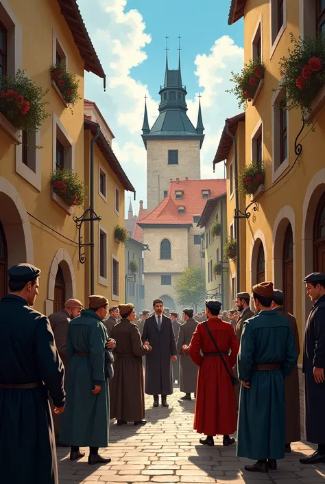 Draw me the Jewish community of Prague in the Middle Ages, united even when experiencing anti-Semitism but still happy, add also people who try to harass them and persecute them and make the Jews rich