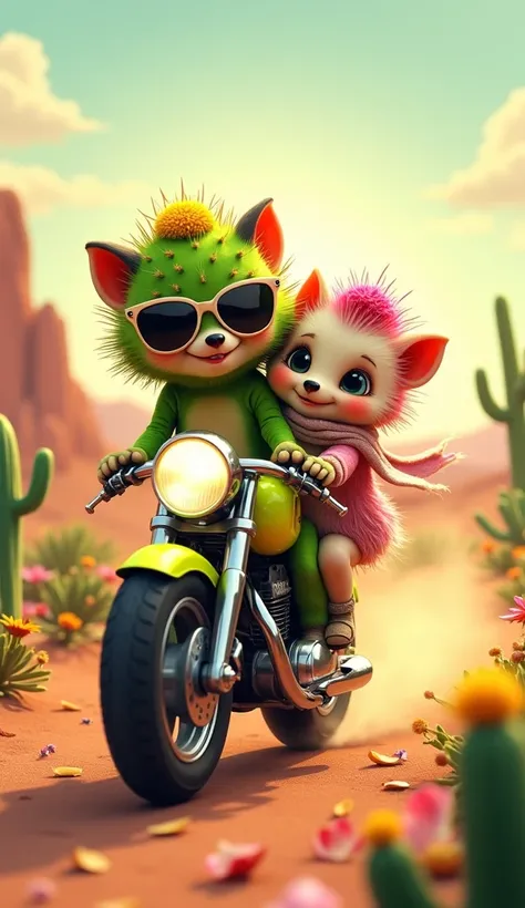 Two adorable cactus-hedgehog hybrids riding a sleek, shiny bullet bike through a sunny desert landscape. The driver, a confident hedgehog with green cactus spines blooming with tiny yellow flowers, wears aviator sunglasses and has a playful grin as they le...