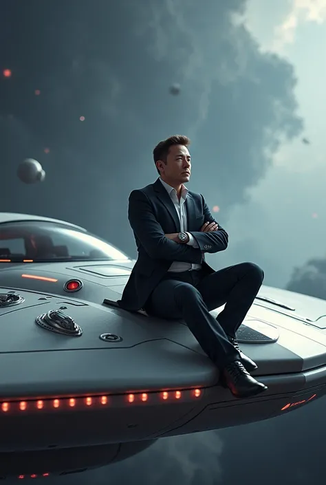 Create an image where Elon Musk is sitting on a proplton with his hands crossed in 3D