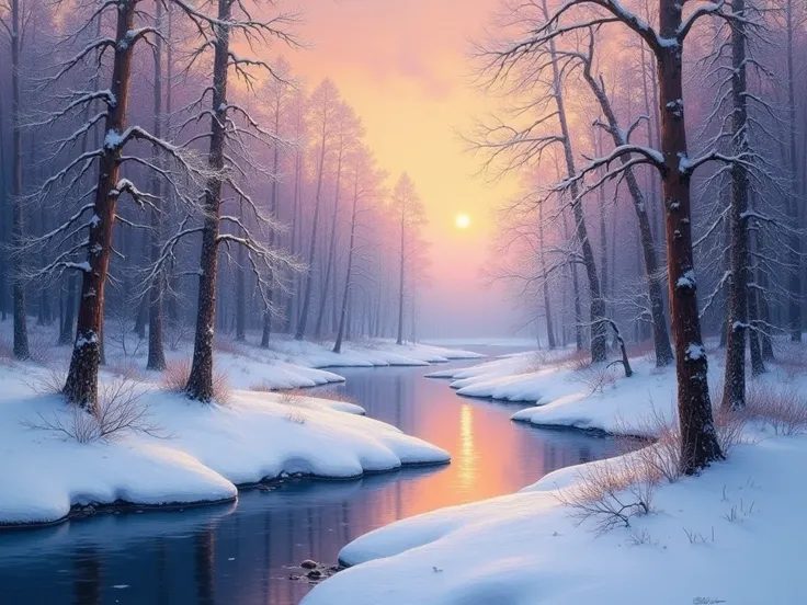 a painting of a snowy river in a forest with trees, a fine art painting inspired by Tibor Rényi, shutterstock, process art, winter painting, super detailed oil painting, beautiful snowy landscape, beautiful scene, detailed 4 k oil painting, detailed oil pa...