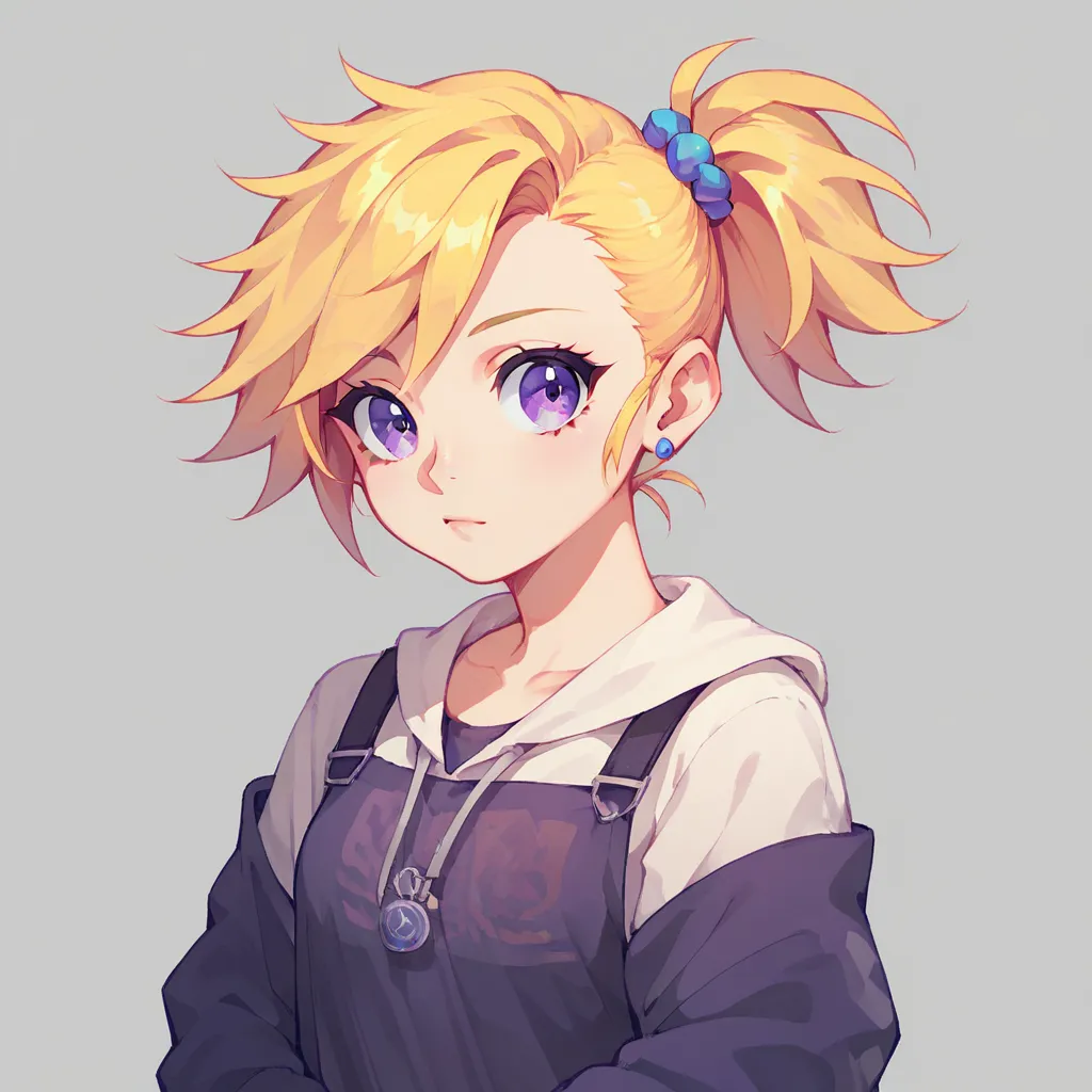 ((Highest Quality))), (Simple background), Solo, 1girl, Purple Eyes, Blonde Hair, half ponytail 