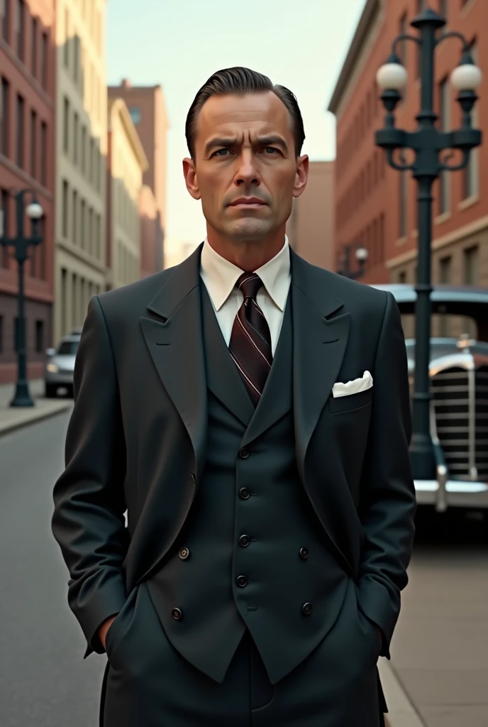 Draw me a 50-year-old man with no beard ,  brown with short hair pulled back.  He wears a suit and lives in the 40s .