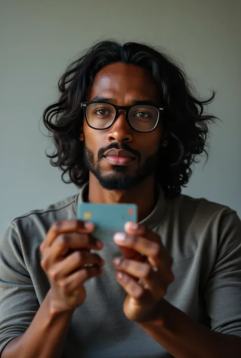 Black man without a beard with indigenous features of semi-long hair with glasses and a credit card in his hands