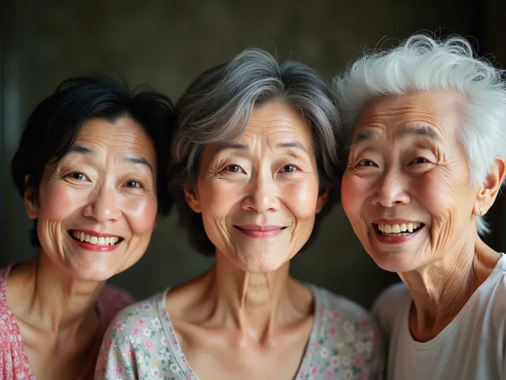 3 very beautiful Chinese grannies in crop tops and shorts. The youngest is 55 and has black hair, the second is 65 and has grey hair. The oldest is 75 and has white hair. They are smiling at the camera in surprise and astonishment. High definition.