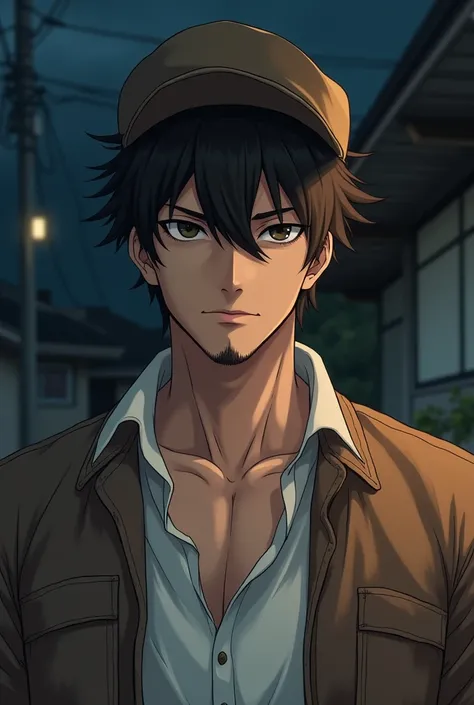 pretty anime face, but not so feminine , with dark brown hair, a shallow beard and dark eyes, muscular in a white shirt with a brown jacket and a cap,  outside under the night . improved image