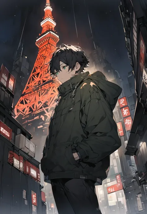 Alone, 1 male, unkempt hair,  black hair, Green Eyes,Short Hair, Long Sleeve ,Night view, Tokyo tower , putting hands in pockets 