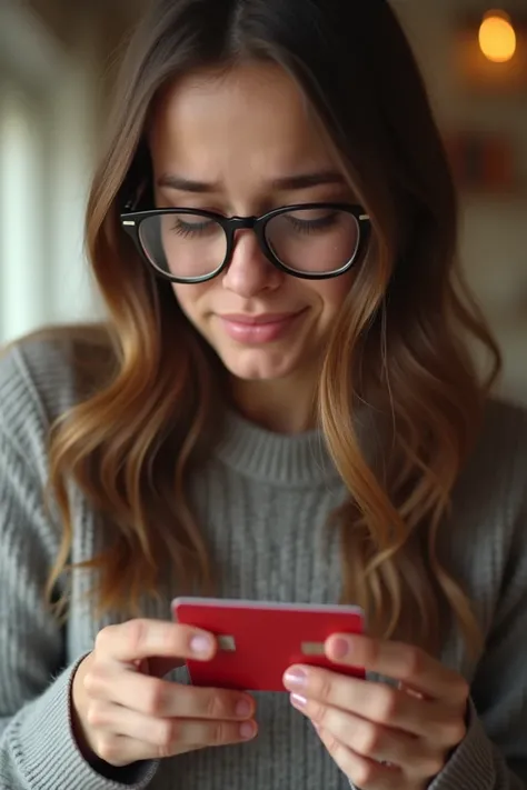 Brunette teen with semi-long hair and glasses holding a credit card while crying