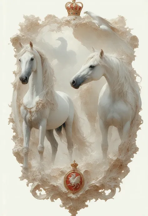 A horse with a noble royal logo on the left side, a horse on the right side, a falcon extending its wings, and a lion in the middle is a pearl shell. A noble royal logo is decorated