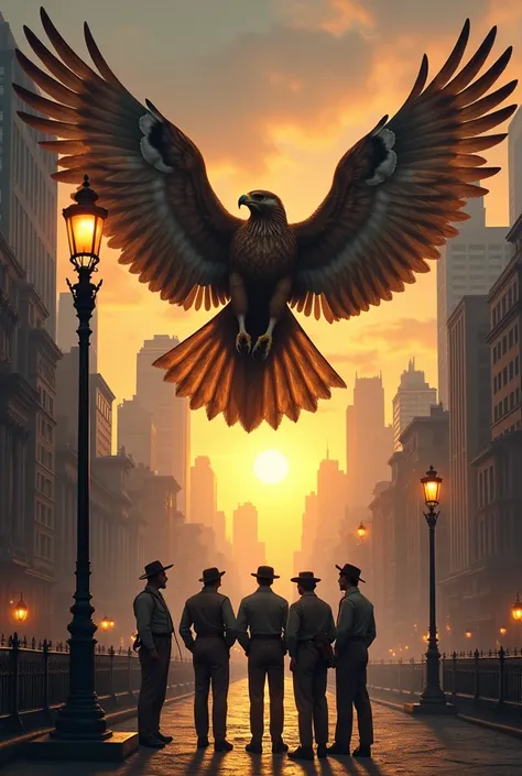 A hawk over the city for tattoo ,  with the rising sun in the background and 05 workers from 1910 under the light of the lamp post 