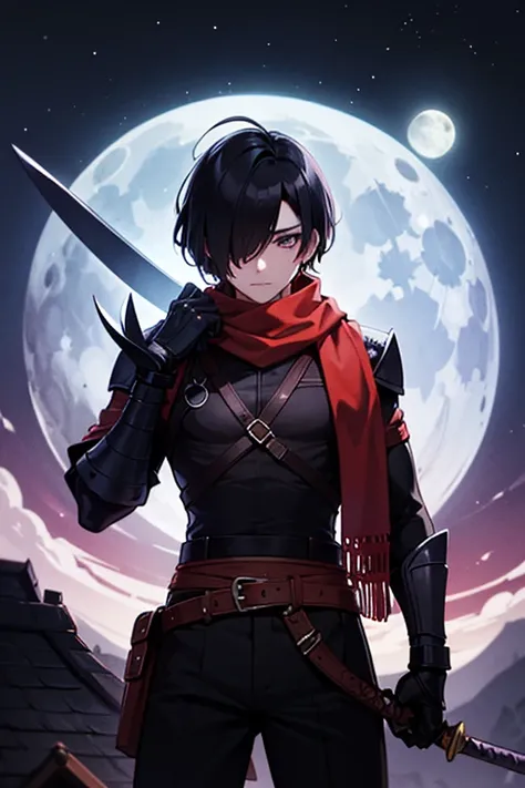 A boy, hombros anchos,  black hair and purple eyes ,  short hair ,  bangs over one eye , a red scarf ,  a tight black t-shirt ,  a harness with swords and daggers , ninja,  black pants with lots of pockets, on a roof, Giant moon behind , at night