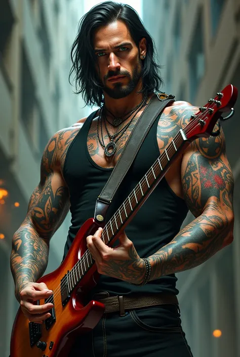  A tall guy , white,  blue eyes with green , all her arms tattooed, black medium long hair, With a guitar and muscular, Without Beard 