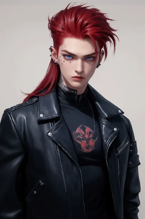 a half-length image of a 20-year-old boy , male features,  dressed in clothes black leather jacket, punk long red hair rowdy ,  blue eyes , Facial piercings, good body,  neutral expression, Wolfcut, sharp features.
