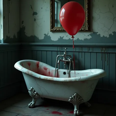 Create an image of a creepy and haunting bathtub inspired by Pennywise, the clown from It. The bathtub is an old, clawfoot design, with weathered and cracked porcelain. The inside of the tub is stained with a faint red tint, reminiscent of blood. Around th...