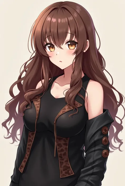 " Create an image of an anime-style character with long, wavy brown hair .  The character must be wearing a black top with leather trim on the neck and buttons on the sleeves and the front, in addition to a sleeveless t-shirt underneath . The character mus...