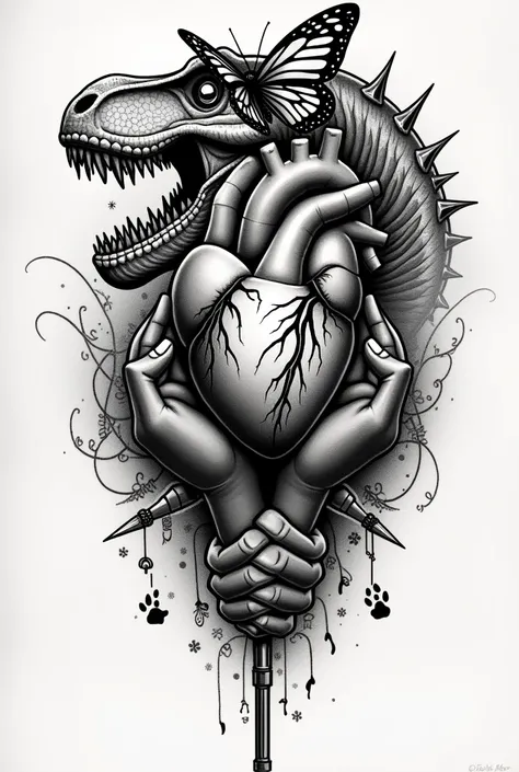 tattoo design.  Let an anatomical heart appear as the main protagonist.  Let a butterfly appear above covering the heart,  a dog print  ,  against the head of a dinosaur , a blind mans cane , And some clashing fists salute .