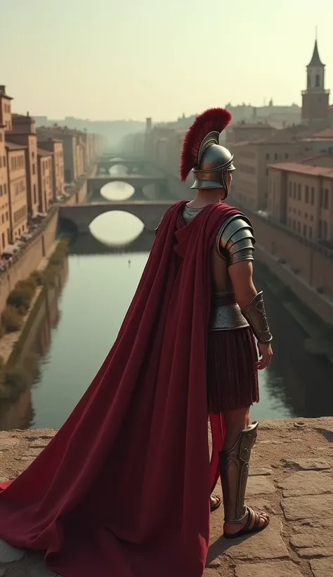 "A young Roman soldier standing on a stone bridge, gazing at the approaching Etruscan army. His armor gleams faintly as his cape sways in the wind, the Tiber River below. --ar 9:16, hyper-realistic, photo realism, cinematography"