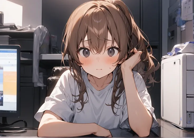 (masterpiece, best quality:1.2),1girl,brown hair, ponytail, black eye, Oversized white T-shirt, black short shorts,((facing viewer:1.2)),solo ,1 girl,in girl room, pc room, pc on table,chair,A confused expression,Tilt ones head.