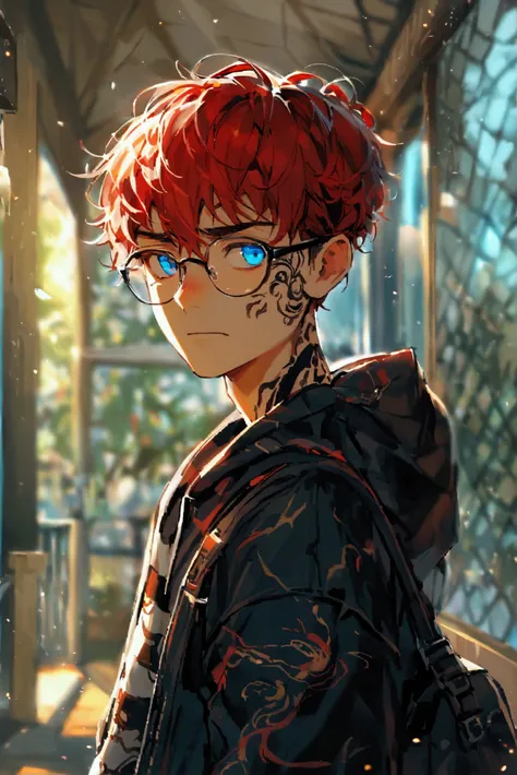 Alex is a 21-year-old guy with a lean, toned build and pale skin, with a snake tattoo on his back, his growth 511" has short curly red hair and bright blue eyes, usually dresses in baggy clothes or similar school uniforms He has scars on the chest, he hide...