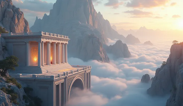 A breathtaking view of Mount Olympus, a divine realm perched high above the mortal world, resting on layers of soft, luminous clouds. The setting features grand marble structures with golden accents, including towering columns, intricate archways, and spra...