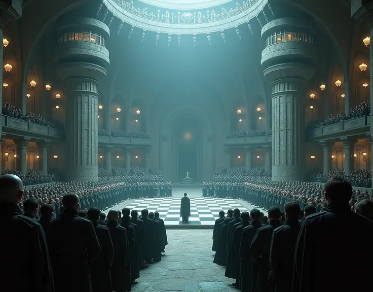  A grandstand underground,  filled with elite people , in a grand arena ,  covered by a faint light . Two long stone watchtowers and two tall glass booths. In the center of the arena a huge chessboard , In black and white. real image.