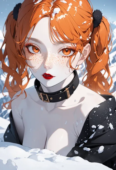  a beautiful woman with orange hair , white skin, Your eyes are blue ,  her skin had small freckles ,  she is naked and kneels, alps, leather collar, medium breasts,beautiful makeup, eyeshadow, lipstick, , , twintails, covered with snow