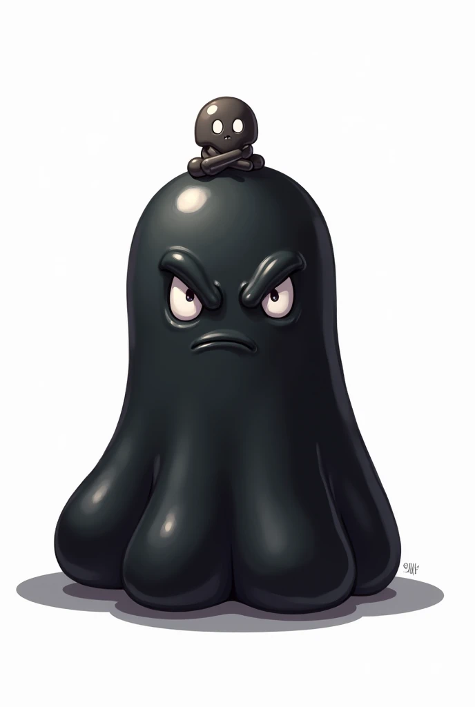 Create a cartoon-style image of a slime-like creature with a glossy, jelly-like texture. The slime is black and features a small skull and crossbones on its top, representing mystery and darkness. It has a serious expression with narrowed eyes. The backgro...