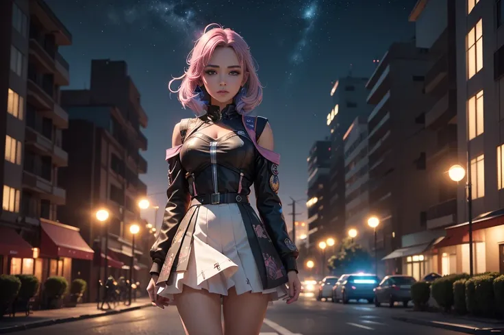 (solo),(one beautiful high school magical girl with colored hair wearing gorgeous clothes),JK , (a scene of her first time show up in the night), beautiful night view, Artistic Buildings ,future style,future style cyberpunk city background, (distant camera...