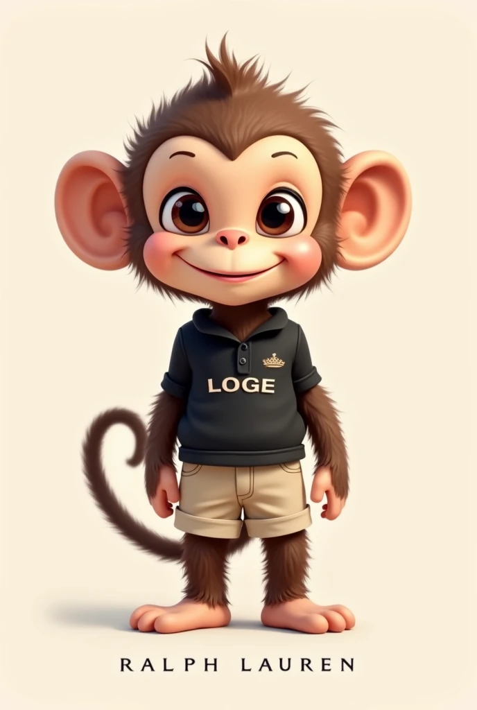 Logo of a little cartoon monkey wearing a black Ralph Lauren blouse and stylish beige short shorts without a feel make it as if it were for a clothing brand 