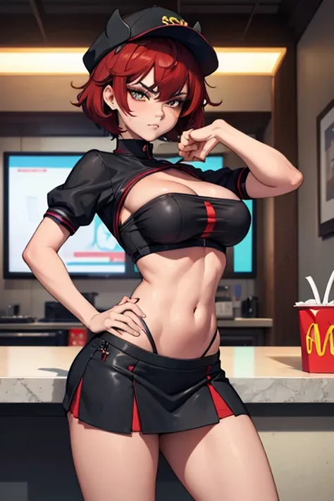  ((Hentai)), ((porn)), ((very hot)), ((cara de tesão))McDonalds attendant girl with a black top that barely covers her breasts and a very short skirt and a cap over her head, short red hair, She looks directly at the screen with a wad of money in her hand ...