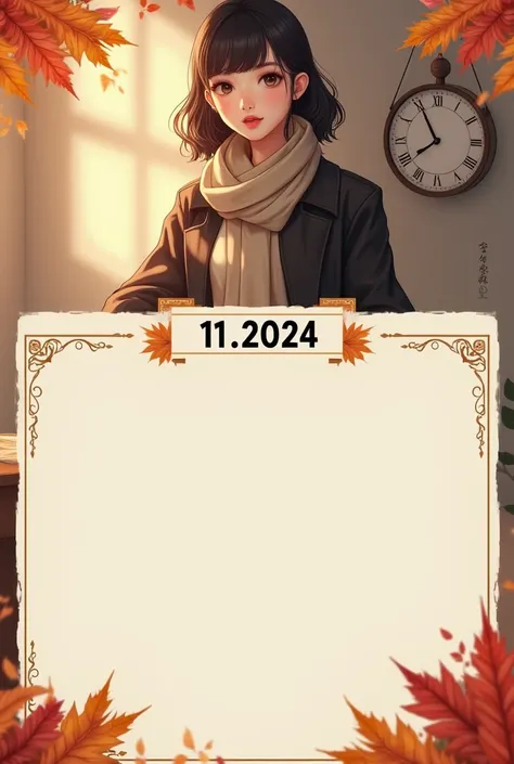 A blank wide template for filling out games and sending ,  The mailing list shows a beautiful girl with high hair,  ulybka, and a cup of coffee , Fashionably dressed .  She occupies the uppermost part of the  . Above the text space . Next to her, a clock h...