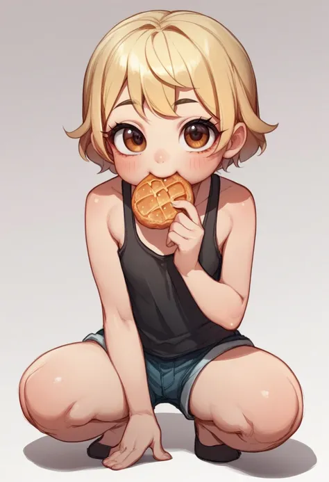 a girl, short hair, short flowing blonde hair, wearing tank top, short pants, exposed thighs, topless, cute, cute anime girl, brown eyes, loli sitting posture, loli girl, loli drawing cute, beautiful, squatting, sitting with legs closed, puffed cheeks, hol...